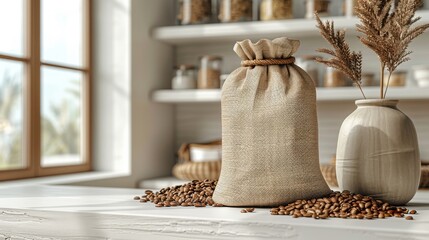 Obraz premium Organic coffee brand mockup, minimalist packaging, bag with white label for coffee brand. 