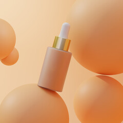 Serum glass bottle with pipette and beautiful flowers on the beige pink background. Natural Organic Spa Cosmetic concept. Front view.