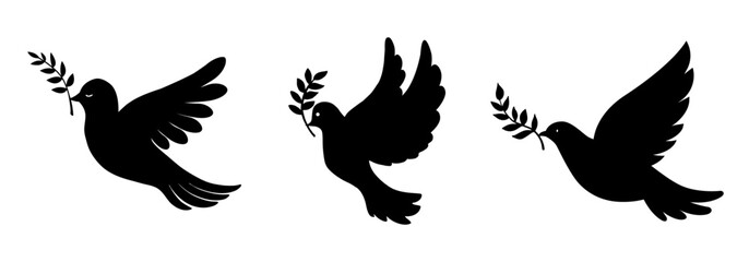 Dove of peace with an olive branch set icons