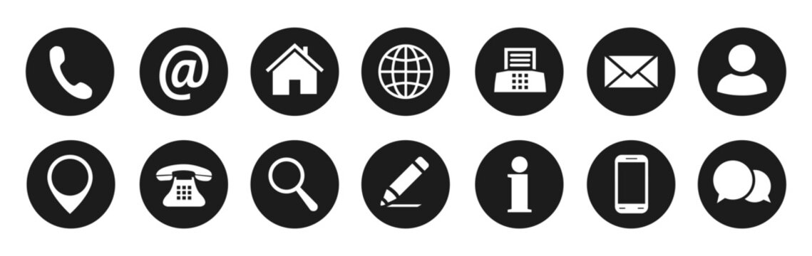 Set basic contact icons, communication button signs, call, mail, address, fax, user profile, phone number, correspondence