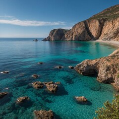 A serene coastal cove with azure waters, where a radiant rose floats gracefully against the backdrop of towering cliffs.
