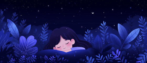 Illustration of a Girl Sleeping Peacefully in a Starry Night Forest for World Sleep Day
