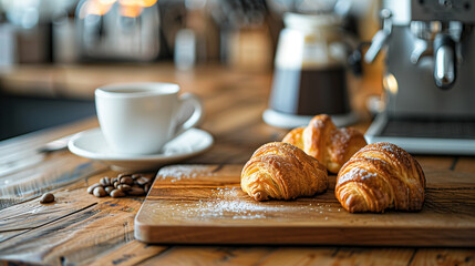 Fresh Croissants and Coffee on Wooden Table