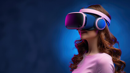 Beautiful young woman wearing virtual reality goggles. Future technology concept. Excited female exploring cyberspace with modern wearable tech. Gaming and entertainment in vision.