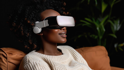 African american woman wearing virtual reality goggles. Modern concept technology, innovation, and entertainment. Smiling person indoors, futuristic vision simulation.