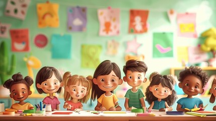 Fototapeta premium A diverse group of children smiling and engaging in arts and crafts in a colorful classroom setting