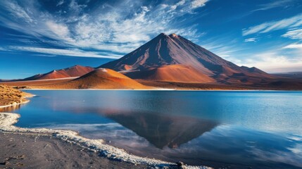Fototapeta premium Red volcanic mountains and blue salt lakes beautiful nature background