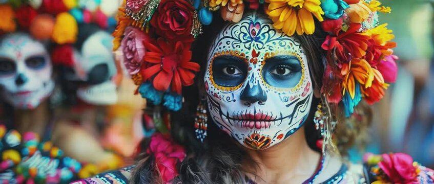 Vibrant Dia de los Muertos celebration with people in skull makeup and floral attire honoring the deceased.