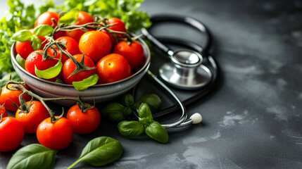 Tomatoes in bowl with stethoscope