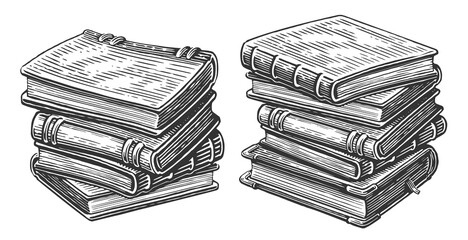 Pile of books. Stack of various textbooks in hardcover. Sketch drawings in old vintage style