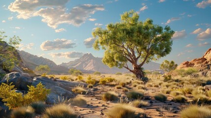 Obraz premium The desert has beautiful mountains and beautiful trees.