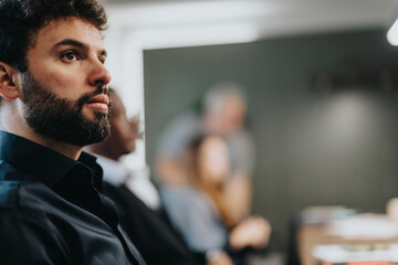 A young male employee is captured in deep focus, attentively listening during a corporate meeting...