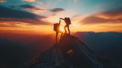 Two tourists with arms up on the top of the mountain. Hikers on the cliff raising hands to the sky.
