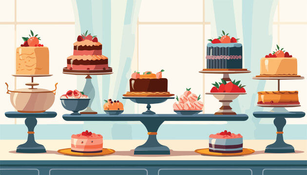 Cake shop interior with different types of cakes and pastry. Vector illustration