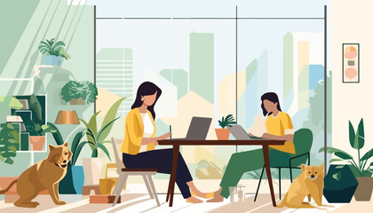 Woman working on laptop at home office. Girl sitting at table with computer, dog and plant. Vector illustration