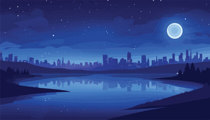 Fototapeta premium Night landscape with a lake and a city in the background. Vector illustration