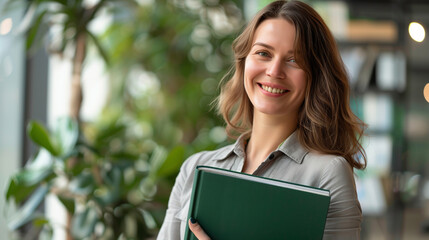 Fototapeta premium Smiling teacher with documents in hands. College education school concept