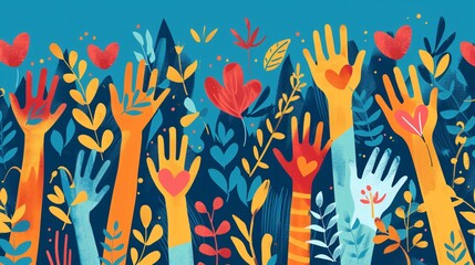 Colorful graphic illustration of helping hands representing volunteering or community involvement. Background design concept