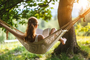 Woman Relaxing in a Hammock Reading a Book During a Sunny Summer Day