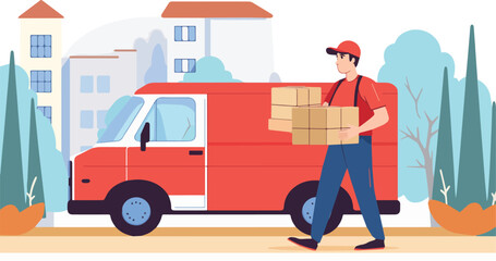 Courier with packages and van. Delivery service. Vector illustration