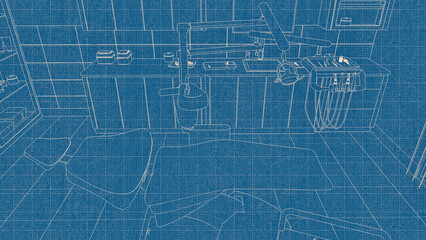Concept outline sketch blueprint drawing of modern dentist clinic office interior with empty dental unit - comfortable chair and equipment. Dentistry operating surgery blue and white 3D illustration.