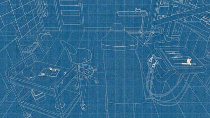 Blueprint sConcept outline sketch blueprint drawing of clinic office interior with empty dentist workplace - dental unit, chair and tools, dentistry surgery with modern equipment. Blue and white 3D il