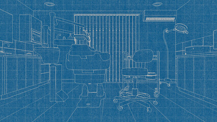 Concept blueprint sketch design of empty interior dentist clinic with dental unit - comfortable chair and medical tools, dentistry surgery room with modern equipment. Blue and white 3D illustration.
