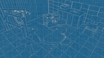 Concept line art blueprint sketch of medical clinic interior with empty dentist workplace - dental unit, chair and tools, dentistry surgery room with modern equipment. Blue and white 3D illustration.