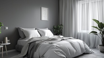 Dormitorio con cama morada y paredes grises, decoración minimalista y elegante