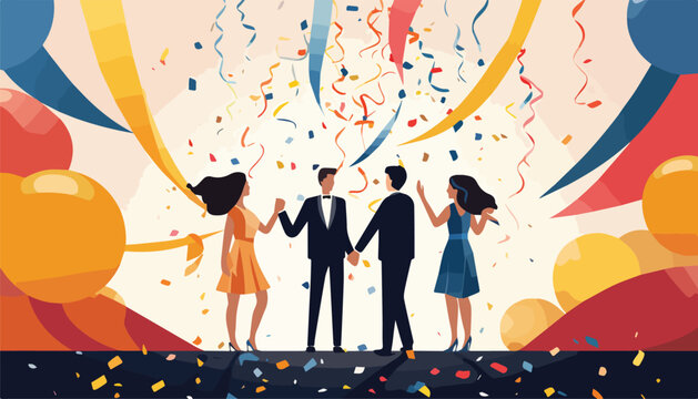 Vector illustration of a group of people celebrating with confetti and balloons - Powered by Adobe