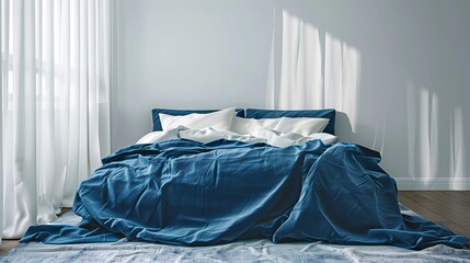 Dormitorio minimalista con cama azul y ropa de cama blanca, ambiente sereno y moderno