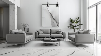 Moderna sala de estar con sofás grises y decoración minimalista en tonos neutros