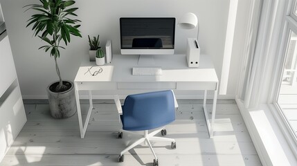 Oficina en casa con escritorio blanco y silla azul, espacio de trabajo moderno y minimalista