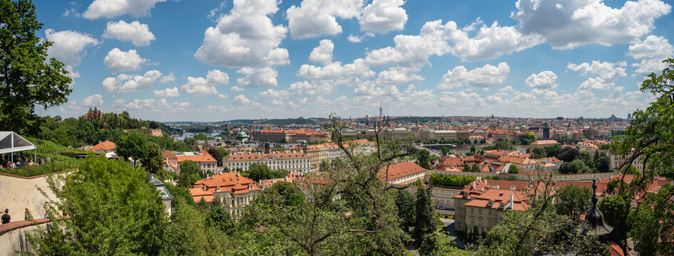 Panoramic view above at Charles Bridge Prague Castle and river Vltava Prague Czech Republic.