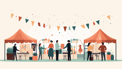 People at outdoor food market. Flat vector illustration of people in outdoor food market.