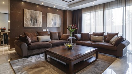 Sala de estar con decoraciÃ³n en tonos tierra y sofÃ¡ marrÃ³n, ambiente acogedor y moderno, diseÃ±o de interiores elegante