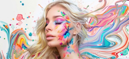 Naklejka premium A striking image of a woman with blonde hair adorned with colorful, abstract paint splashes, creating a vibrant, artistic effect..