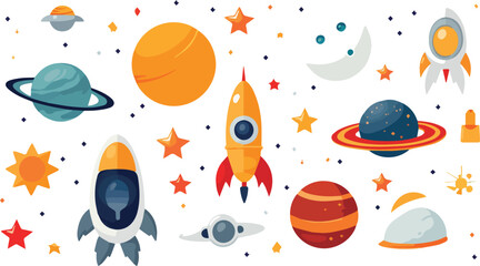 Cartoon space background with planets, stars and rockets. Vector illustration