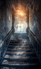 Obraz premium Abandoned staircase in old building with sunlight. Interior decay photography. Design for poster, wallpaper, banner