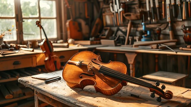 Vintage musical instruments on a table with hand tools in the background in a sunlit workshop.