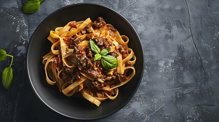 Overhead shot of black bowl filled with hearty fettuccine pasta, topped with savory beef ragu and fresh herbs on dark textured background