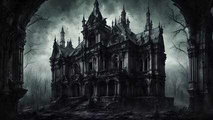 Highly detailed, conceptual art, an image that emphasizes the dark, horrific, dramatic beauty of gothic architectural art, around the ancient cathedrals, haunted mansions, abandoned villas, focusing o