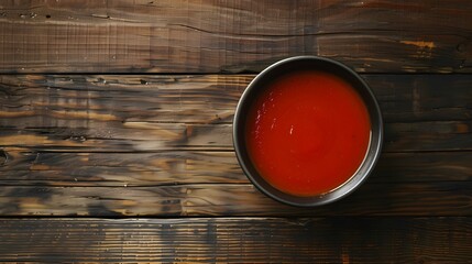 Top View of Tomato Soup in Bowl on Rustic Wooden Table with Unique Wood Grain Texture