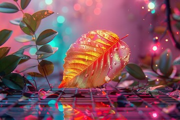 Vivid orange leaf closeup, featuring a detailed pattern, styled with Petzval bokeh and a modernist grid backdrop