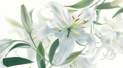 White lily flowers on a white background. Use this for wedding cards, celebrations, invitations, farewell greetings, or condolences.