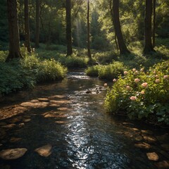 A secluded woodland glade with a clear stream, where a radiant rose floats gracefully in the dappled sunlight.

