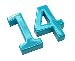 Number fourteen in 3D metallic blue color. Transparent background