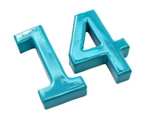 Number fourteen in 3D metallic blue color. Transparent background