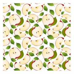 Pattern of slices of ripe apple with green leaves on a white background. Seamless pattern with apples. Wrapping paper, textile, packaging, vector illustration