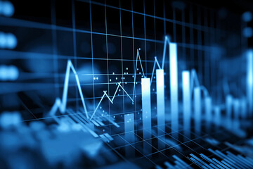 Column chart with company progress and growth by year, 2024, businessman calculates financial data for long term investments.